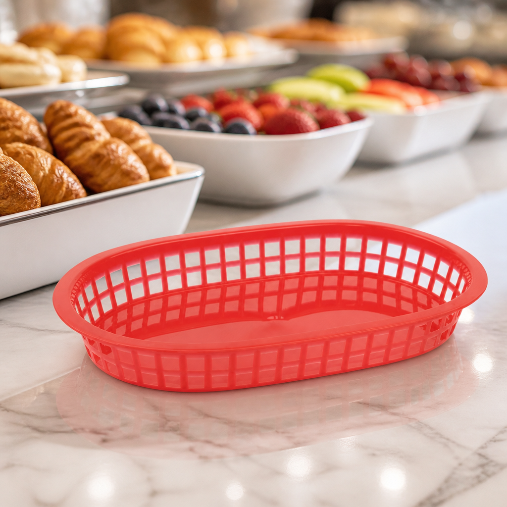 Red oval polypropylene food baskets, 6 pack for serving