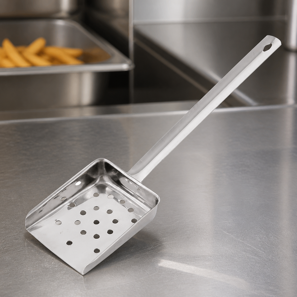 Commercial Flat Handled Chip Scoop - Stainless Steel 10 Inch