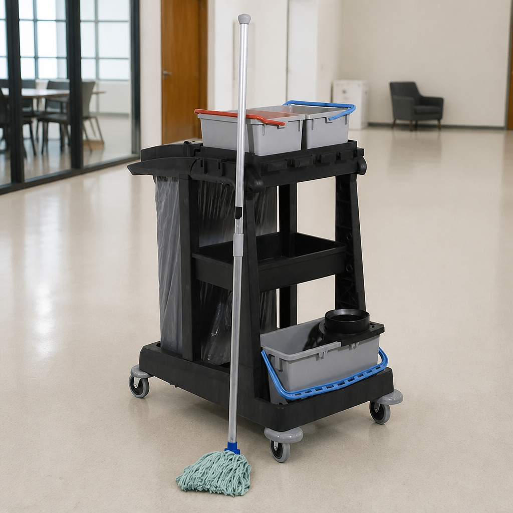Compact Commercial Cleaning Trolley with Mop Kit Accessories