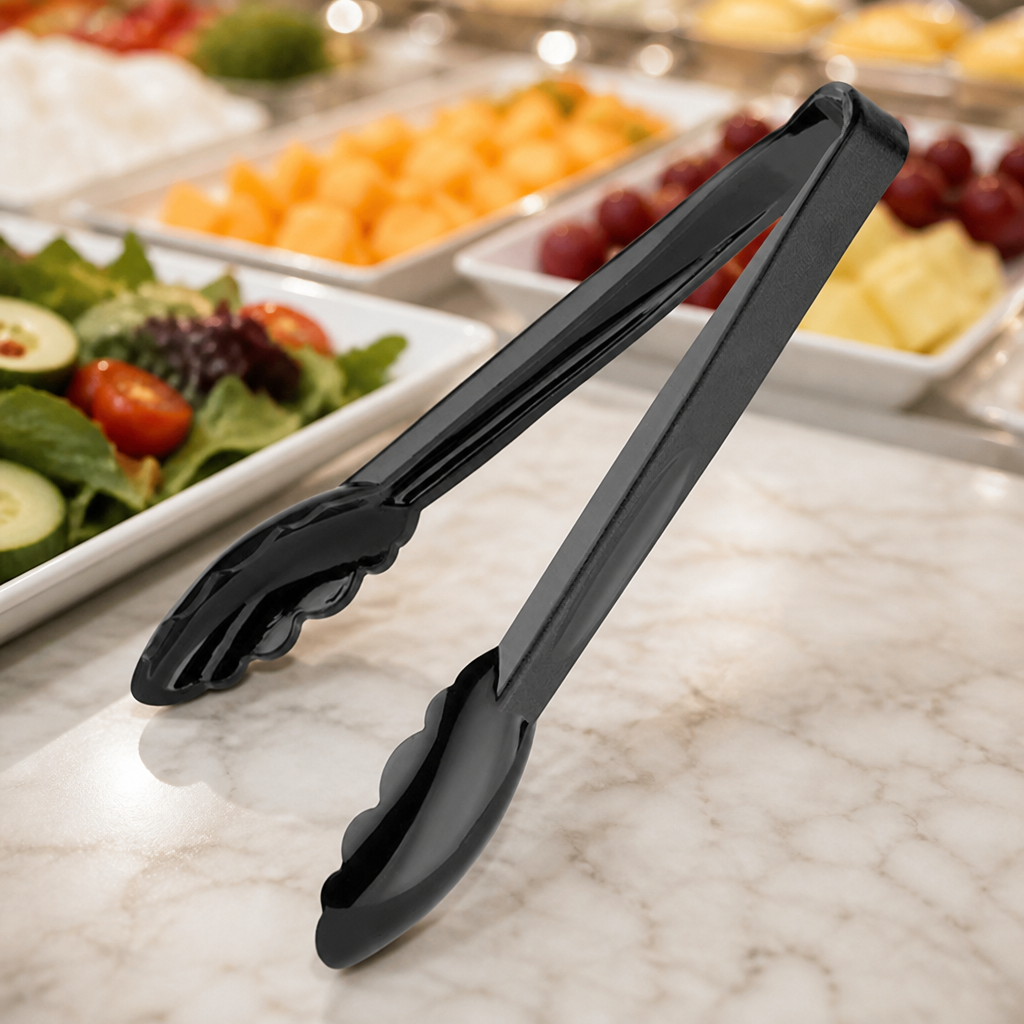 9" Polycarbonate Tongs Black - Pack of 6 for commercial kitchens