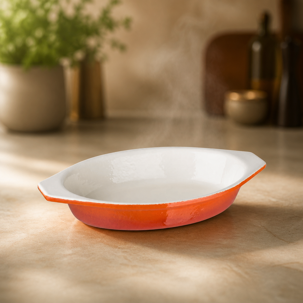 Commercial Oval Cast Iron Gratin Dish 650ml in Orange