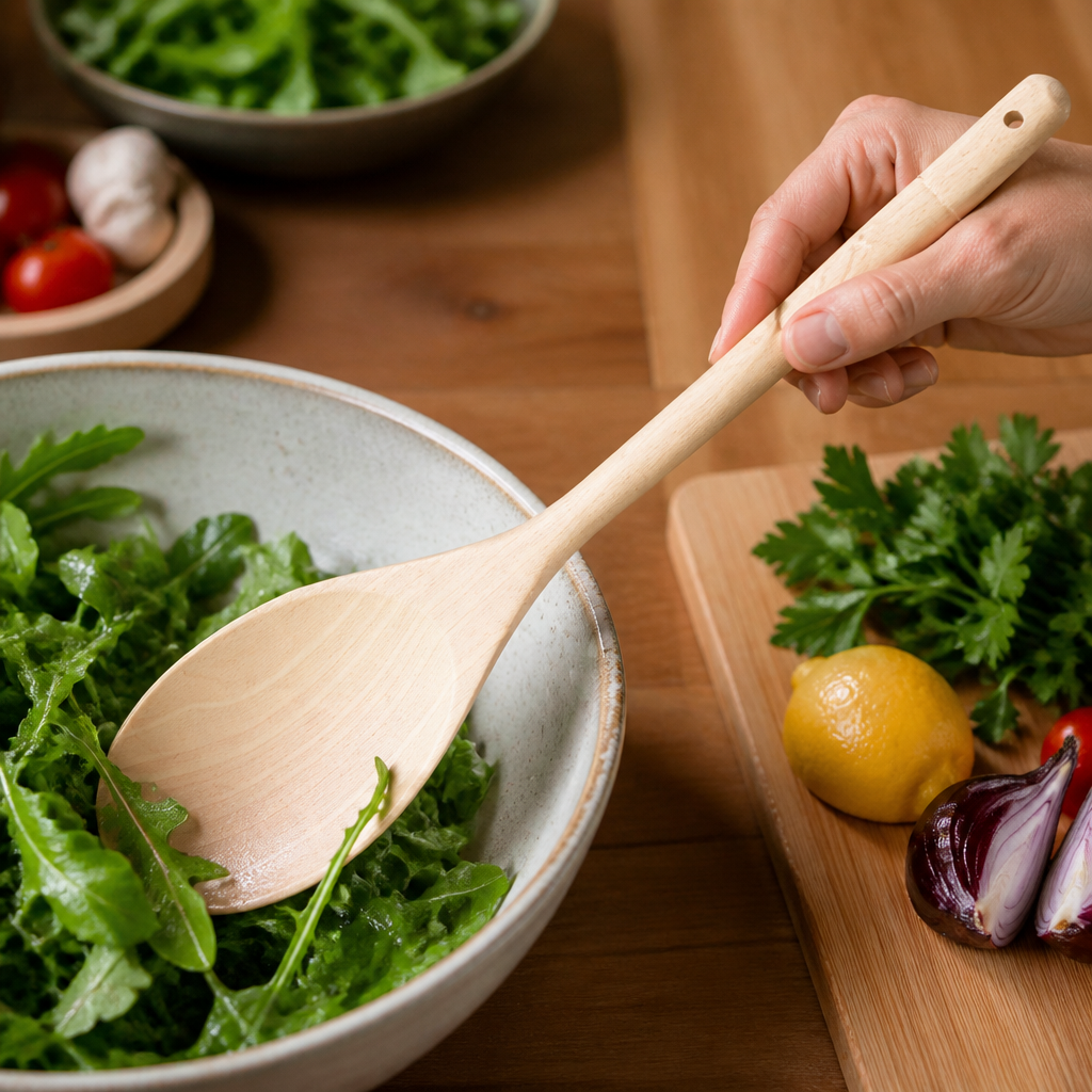 10" wooden spoon for cooking and serving in kitchens
