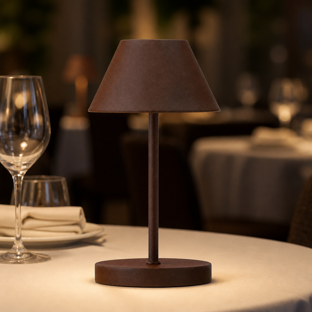 Pack of six cordless commercial LED table lamps in cocoa