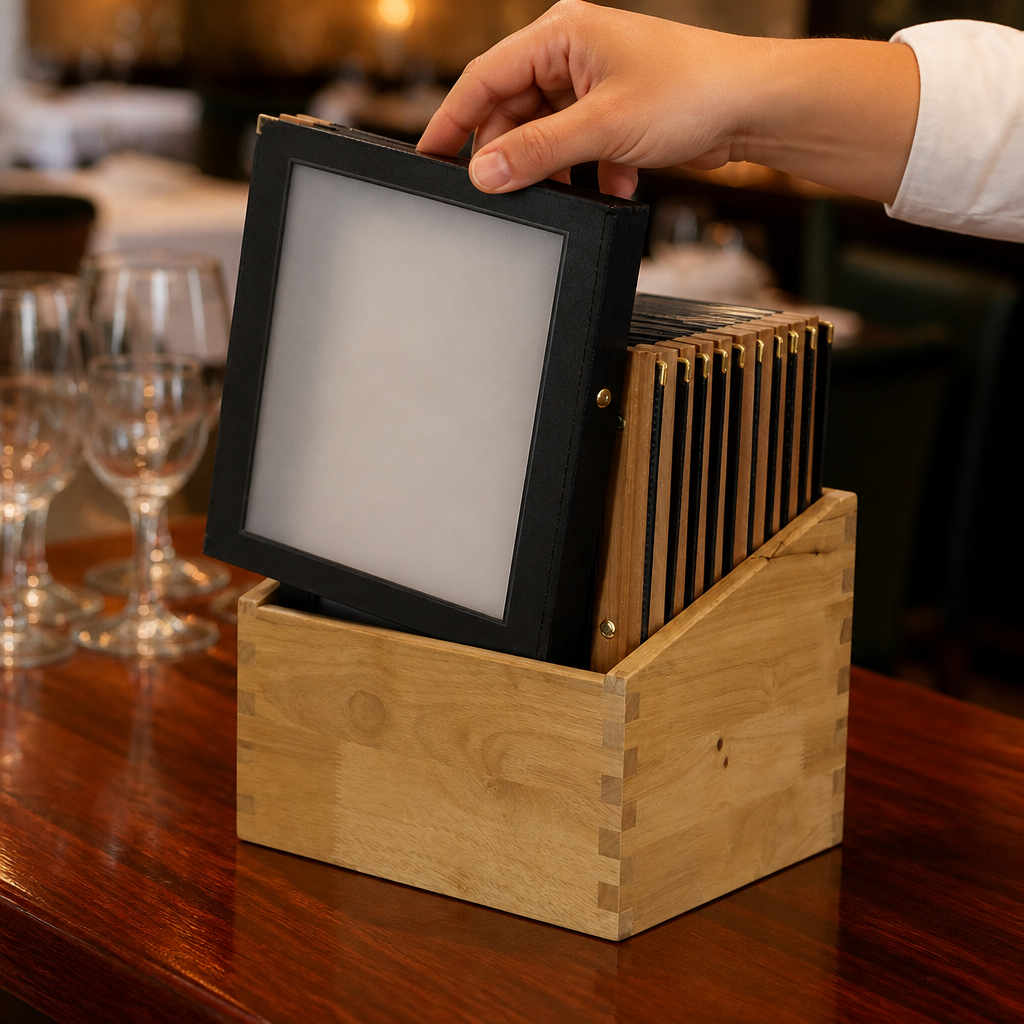 Commercial menu covers with wood spine and storage box