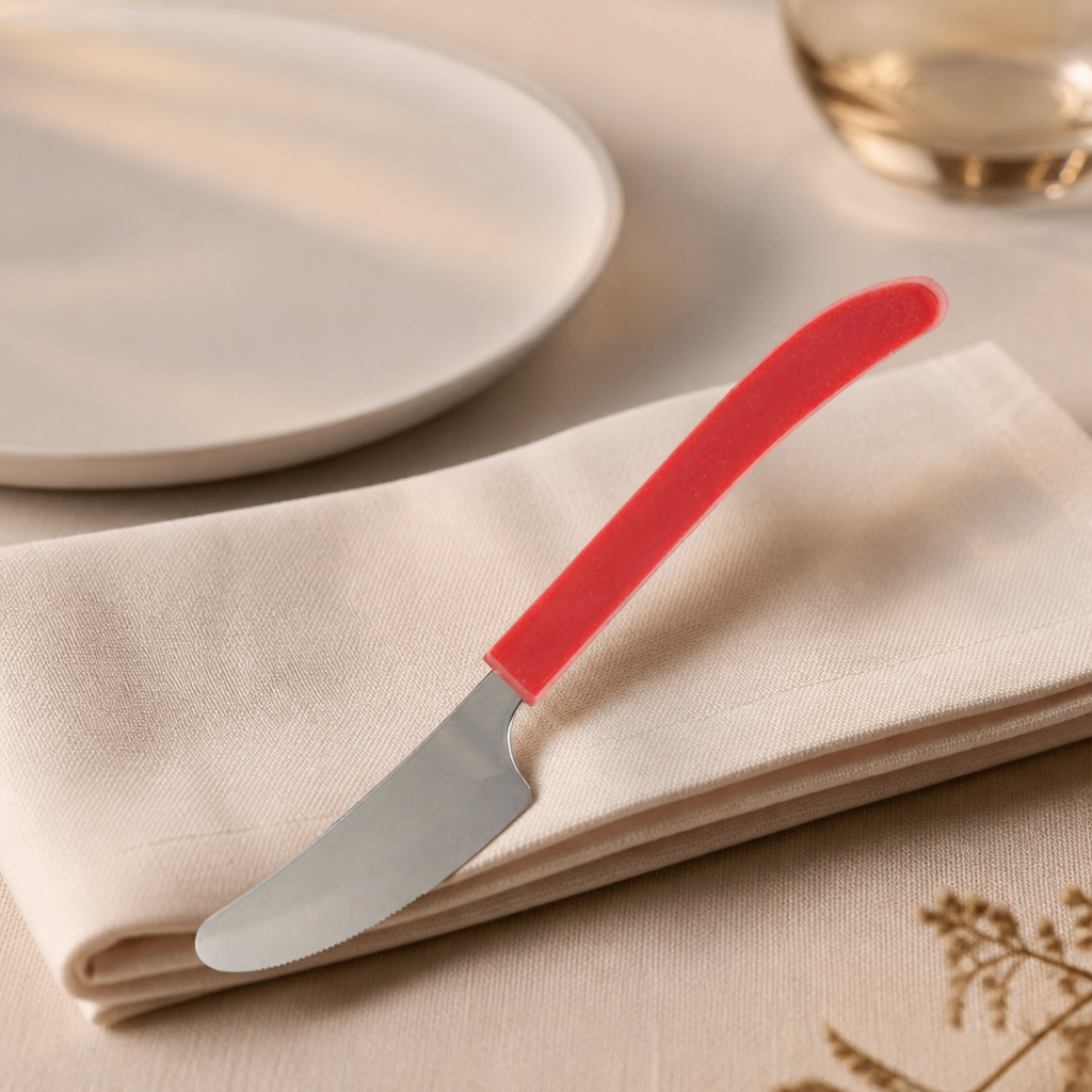 Set of 12 commercial dessert knives with stainless steel red handles