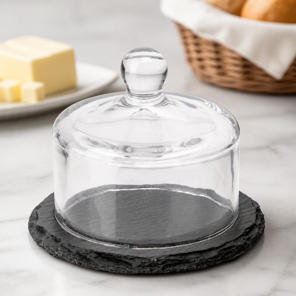 Commercial Slate Butter Dish with Glass Cloche 95mm Height