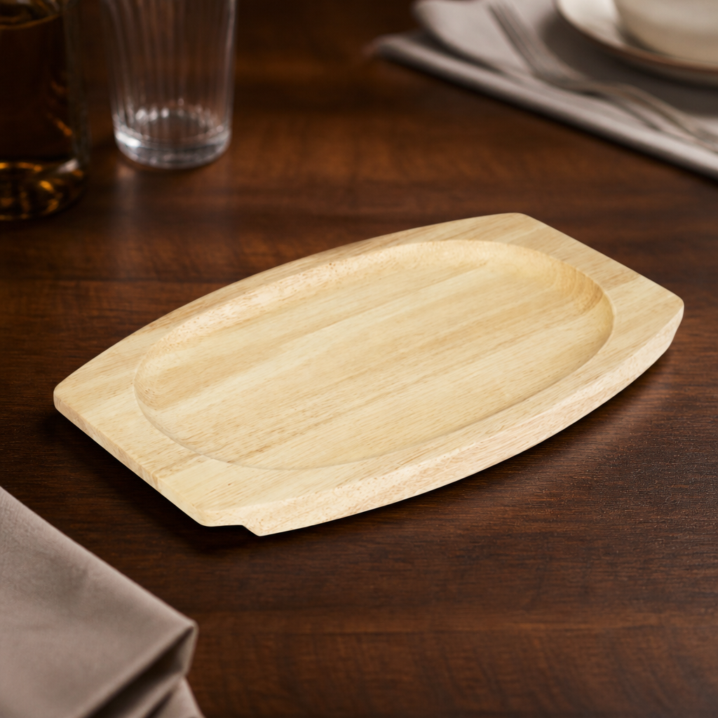 Commercial Cast Iron Oval Sizzler 335x205mm Wooden Trivet