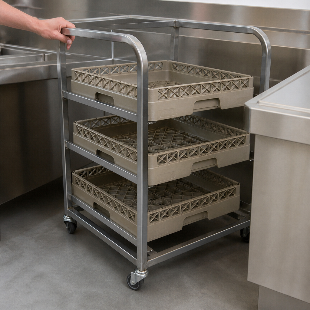 Commercial Stainless Steel Glass Tray Trolley for 3 Baskets