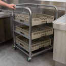 Commercial Stainless Steel Glass Tray Trolley for 3 Baskets