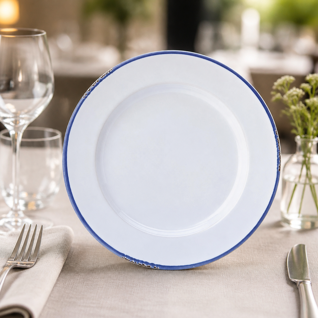 Commercial Dinner Plates 260mm Blue Rim Enamel Look 6 Pack