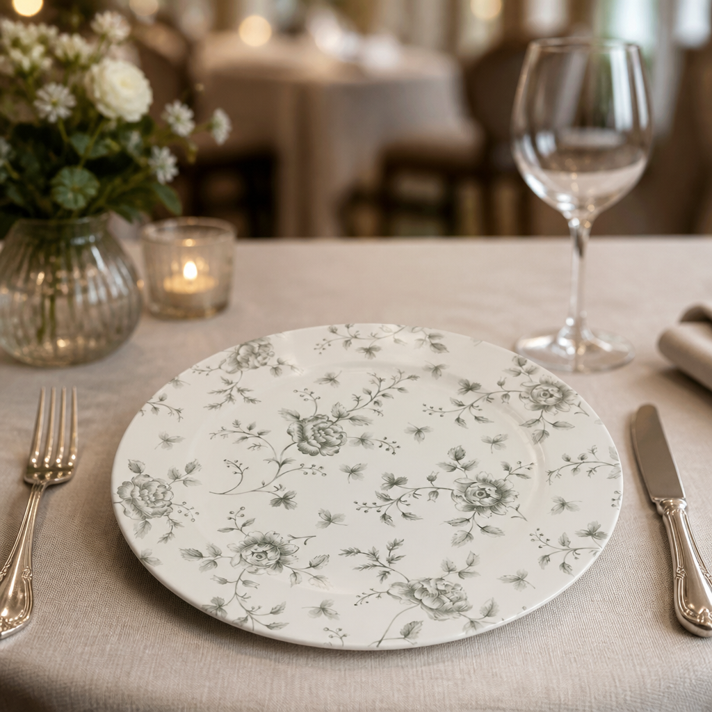 Commercial Vintage Prints Plates 305mm Grey Rose Design 6 Pack