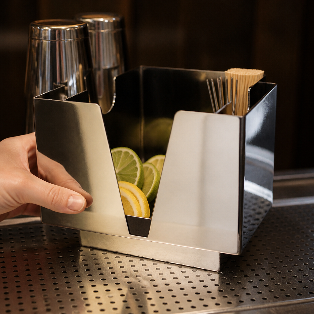 Commercial Chrome Bar Organiser with napkin and accessory compartments
