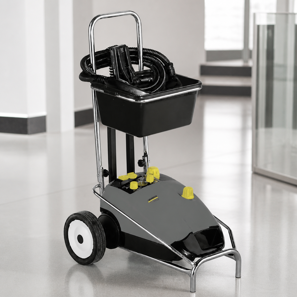 Commercial trolley for steam cleaner with integrated storage