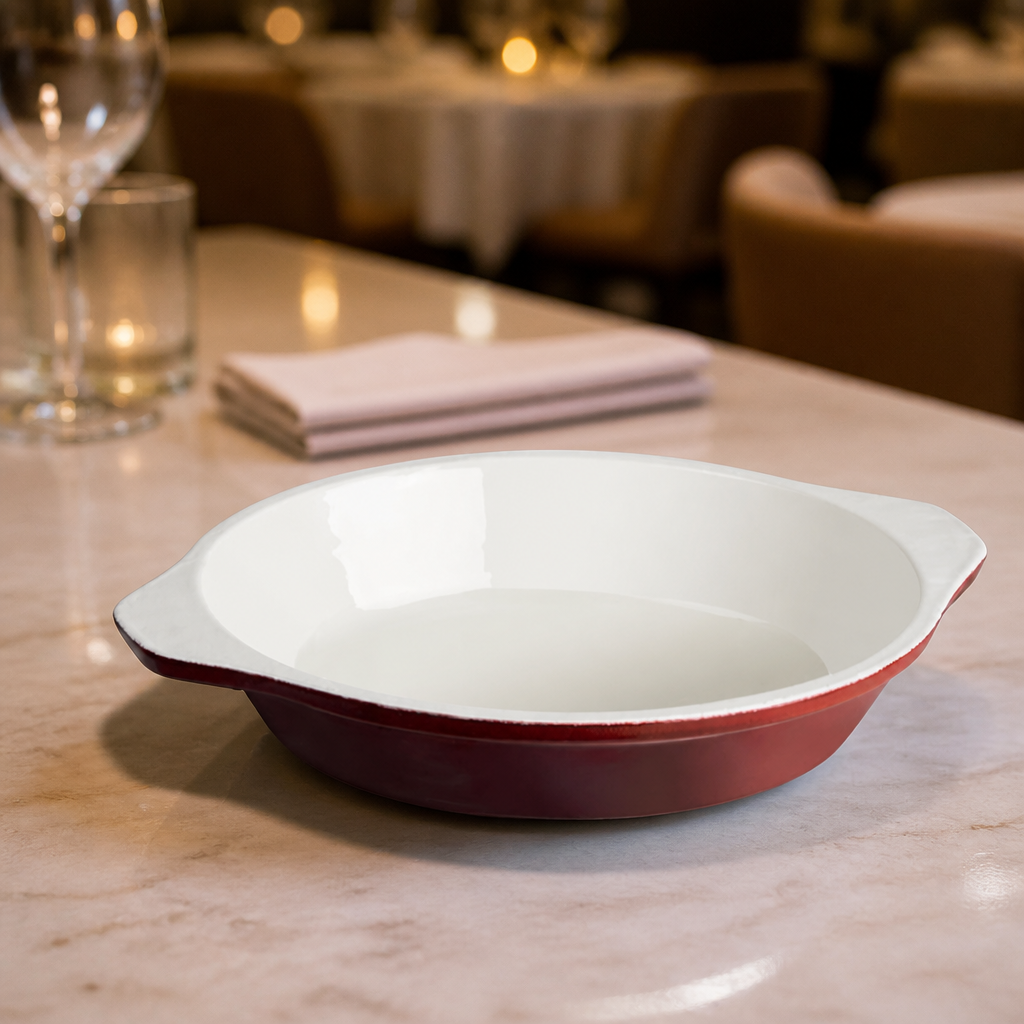 Commercial Round Cast Iron Gratin Dish 400ml in red