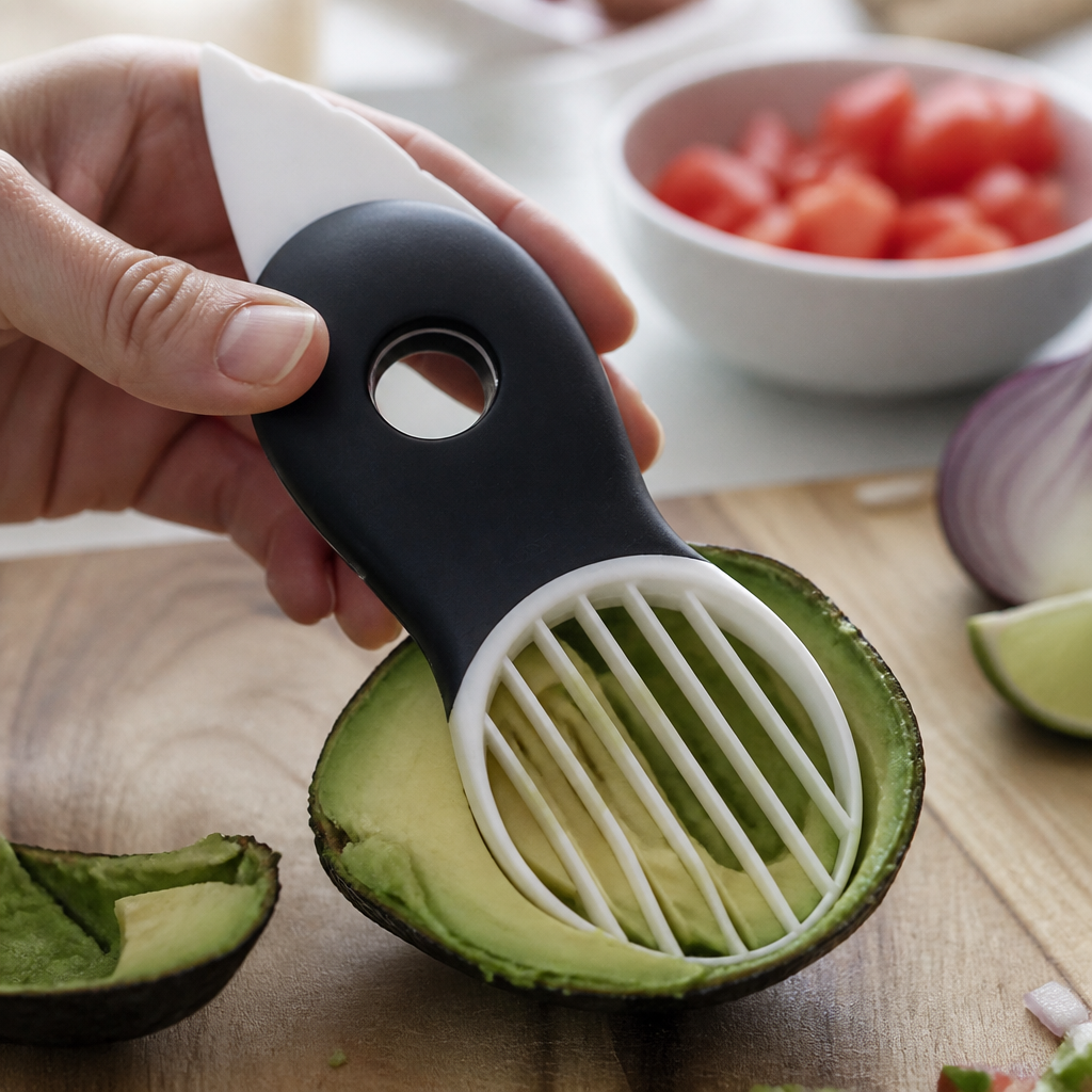 Commercial 3-in-1 avocado slicer tool for food preparation