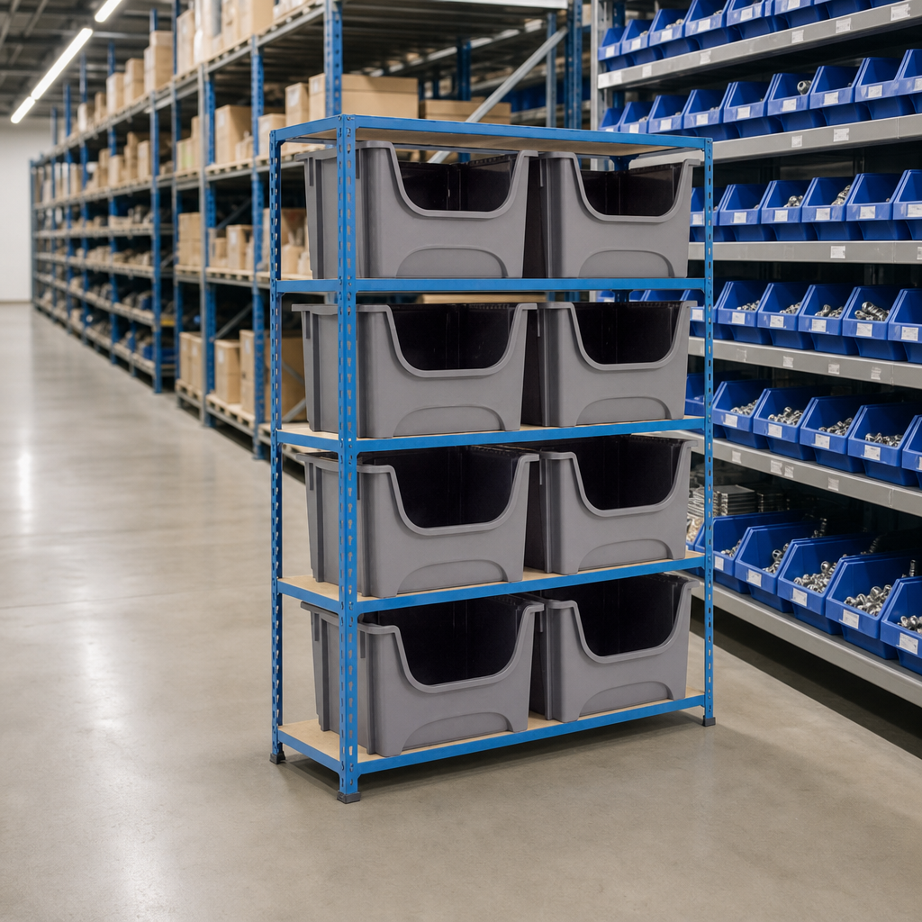 Bin Storage Shelving Unit with 8 Plastic Parts Bins