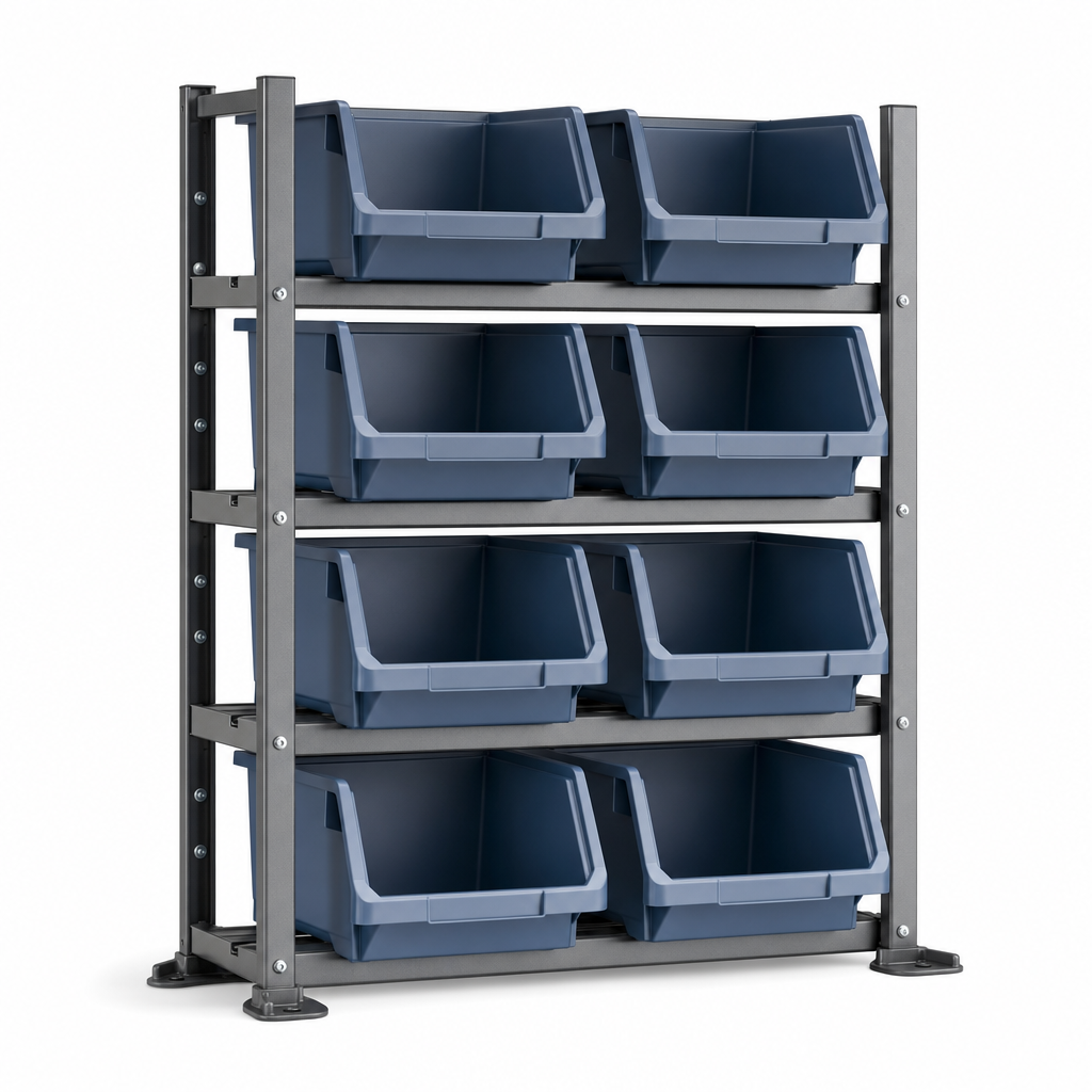 Bin Storage Shelving Unit with 8 Plastic Parts Bins