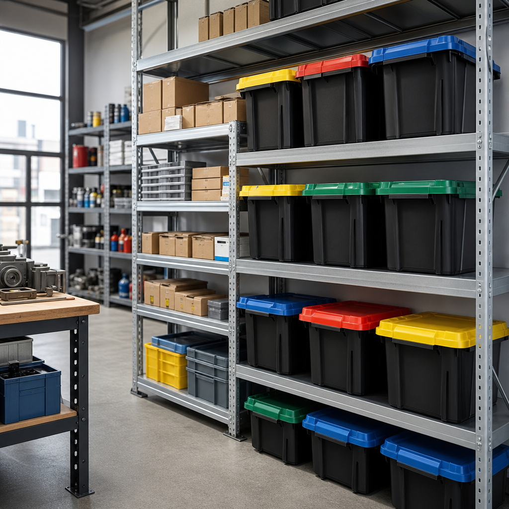 Black Plastic Storage Containers with Attached Coloured Lids