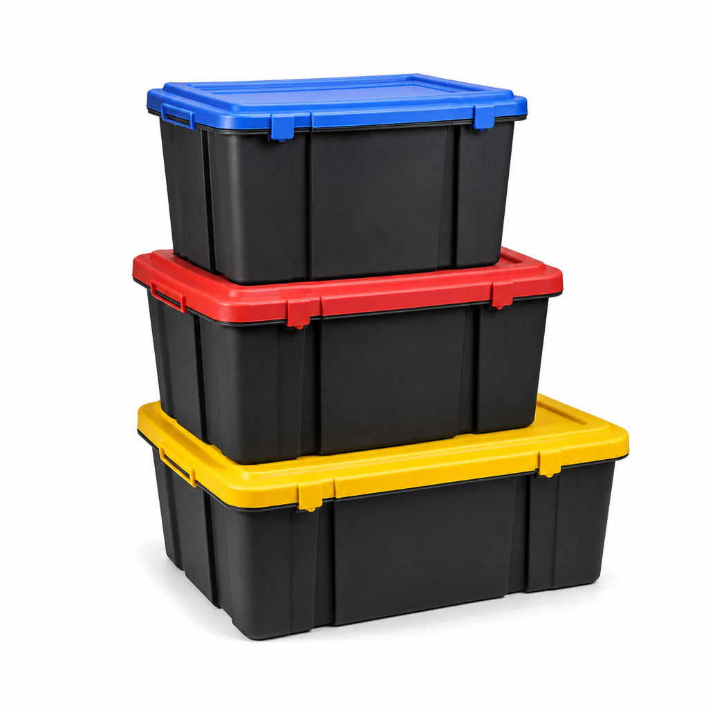 Black Plastic Storage Containers with Attached Coloured Lids