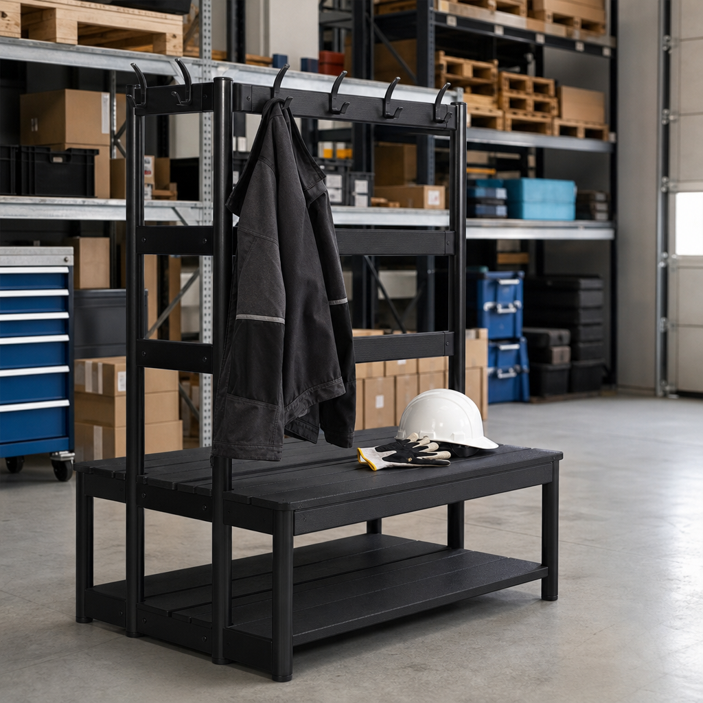 Black Polymer Double-Sided Cloakroom Bench with Coat Hooks