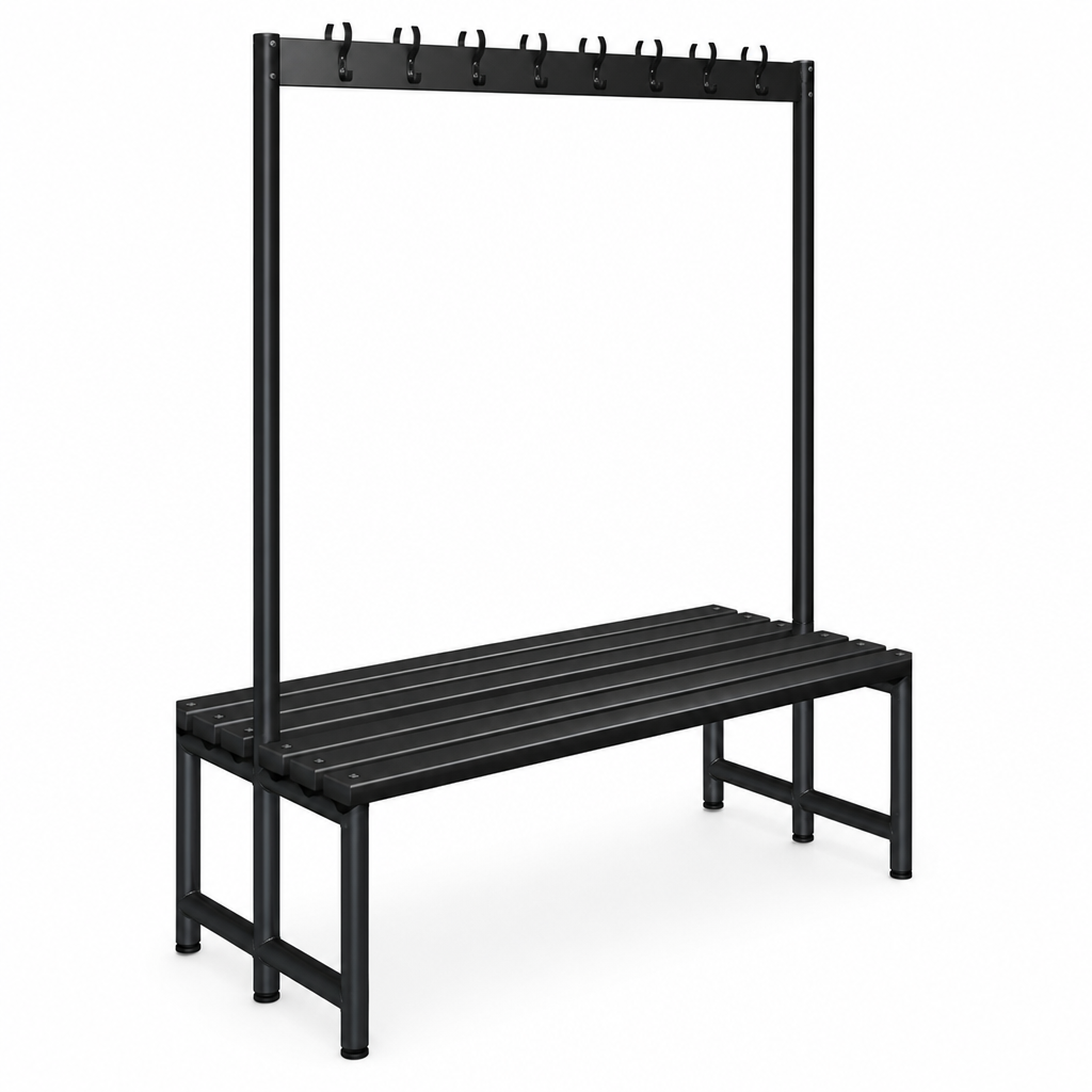 Black Polymer Double-Sided Cloakroom Bench with Coat Hooks