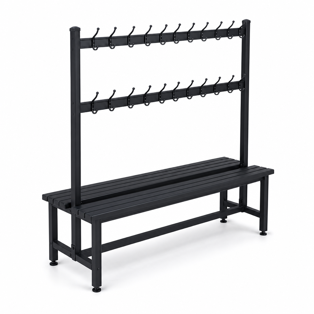 Black Polymer Double-Sided Cloakroom Bench with Coat Hooks