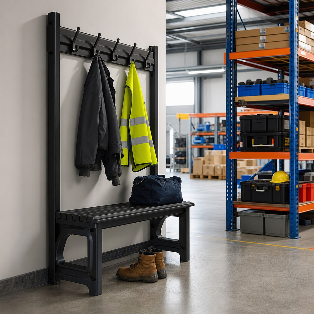 Black Polymer Single-Sided Cloakroom Bench with Coat Hooks