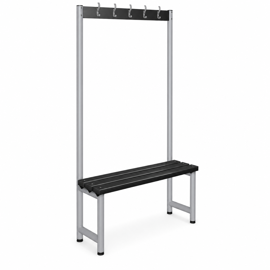Black Polymer Single-Sided Cloakroom Bench with Coat Hooks