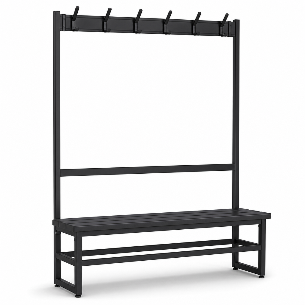 Black Polymer Single-Sided Cloakroom Bench with Coat Hooks
