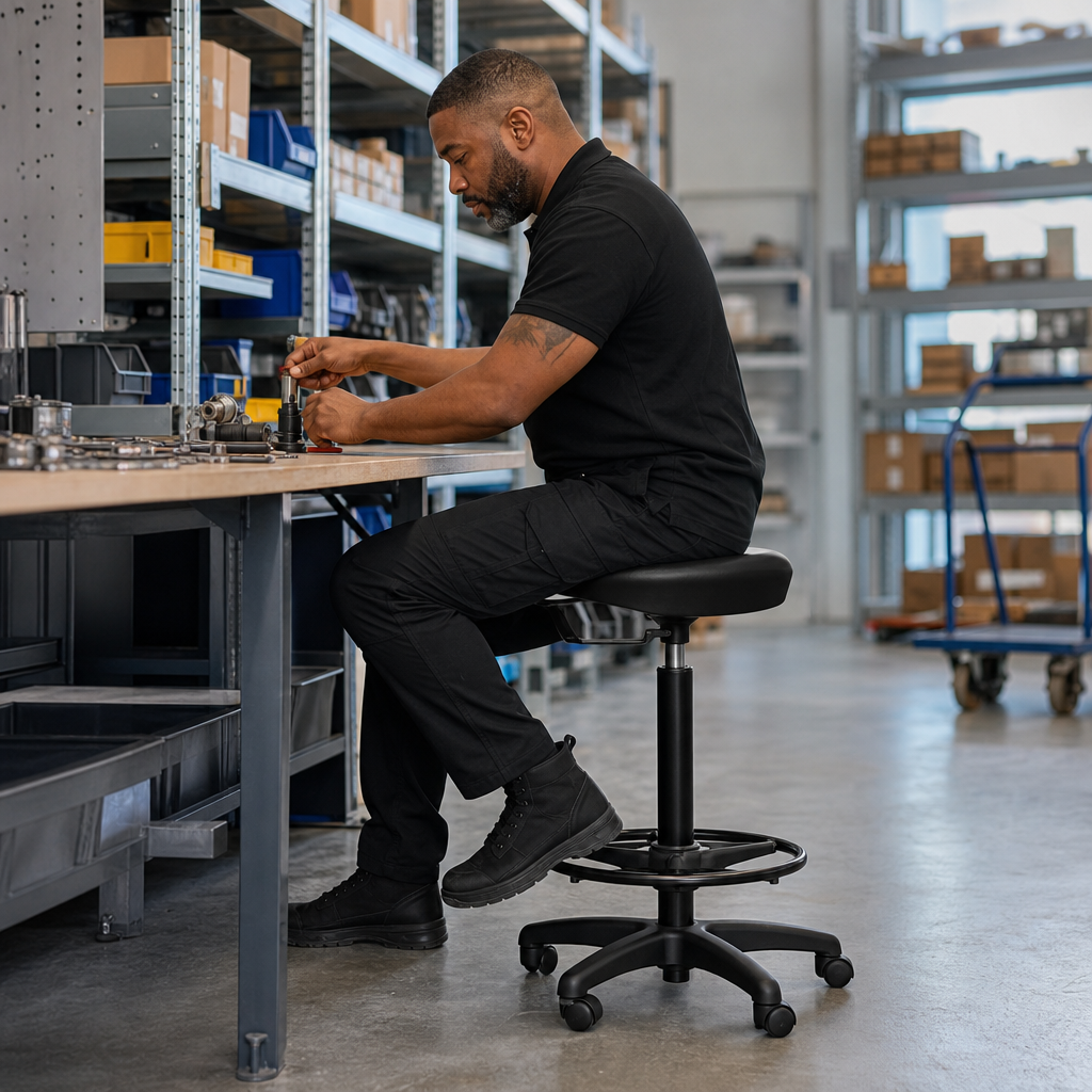 Black Polyurethane Workshop Stool with Adjustable Seat