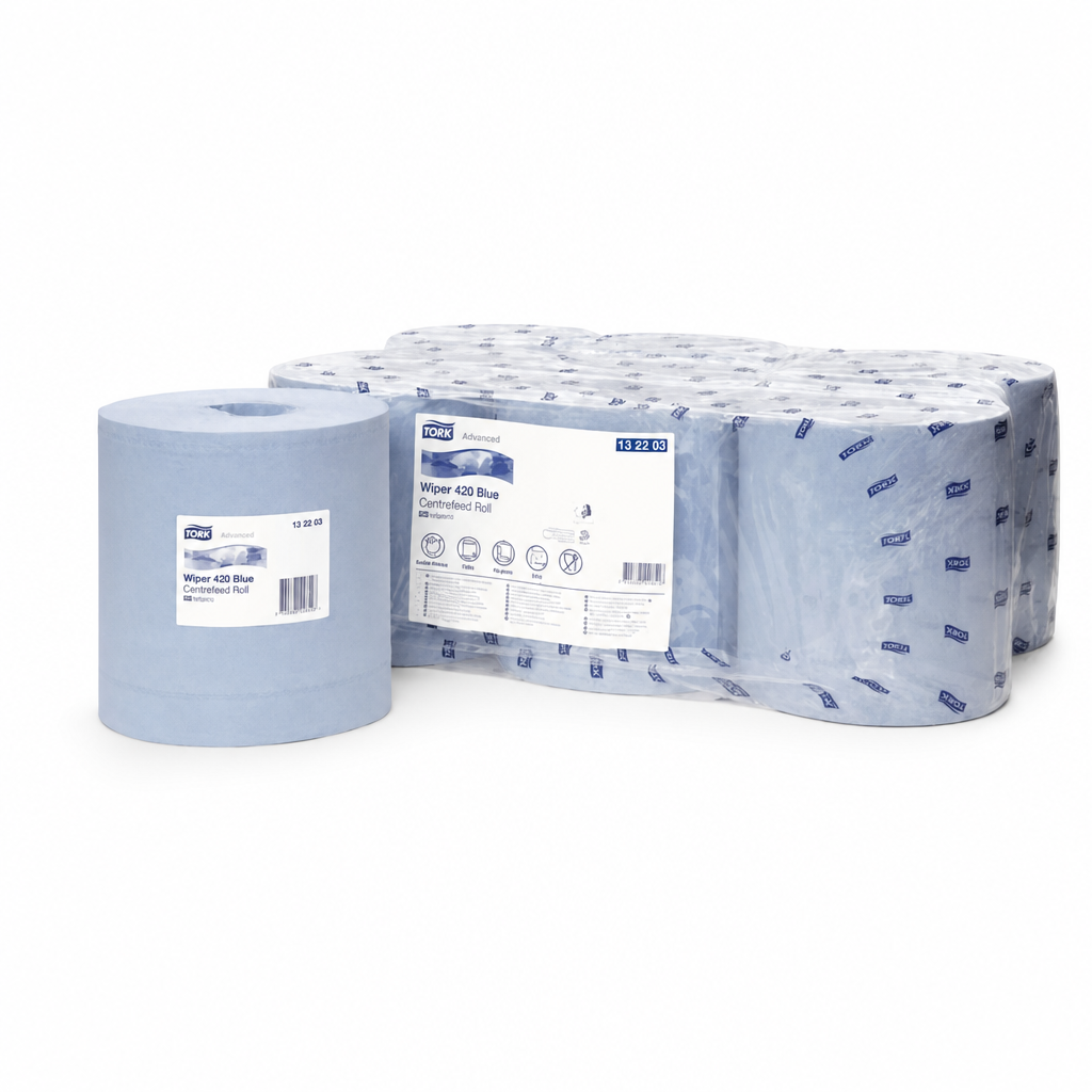 Blue 2-Ply Centrefeed Wiping Paper Rolls, Pack of 6
