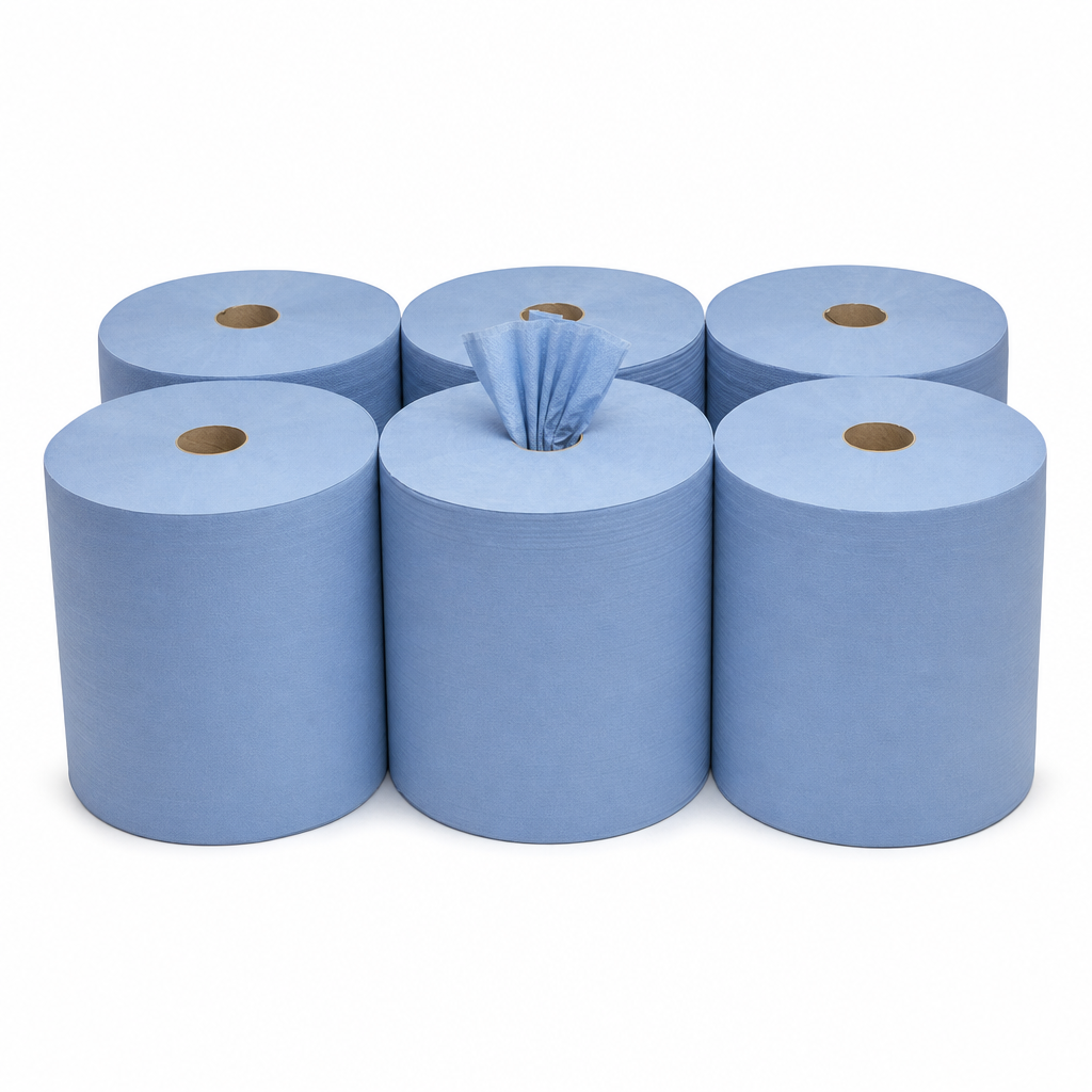 Blue 2-Ply Centrefeed Wiping Paper Rolls, Pack of 6