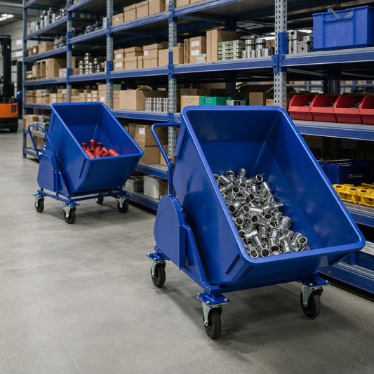 Blue Roll Forward Tipping Skips on Wheels 285L to 750L