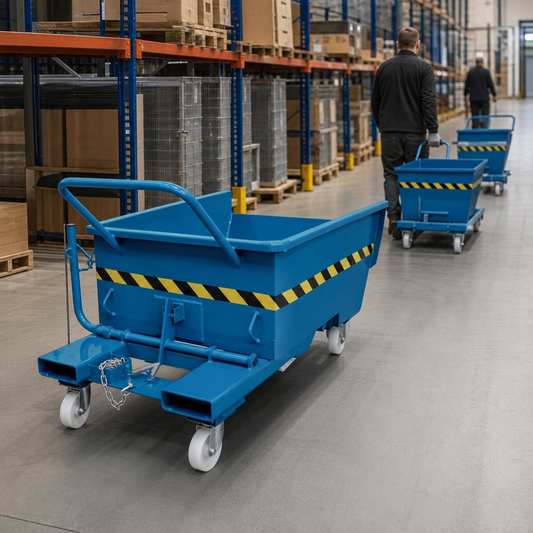 Blue Roll Forward Tipping Skips on Wheels 285L to 750L