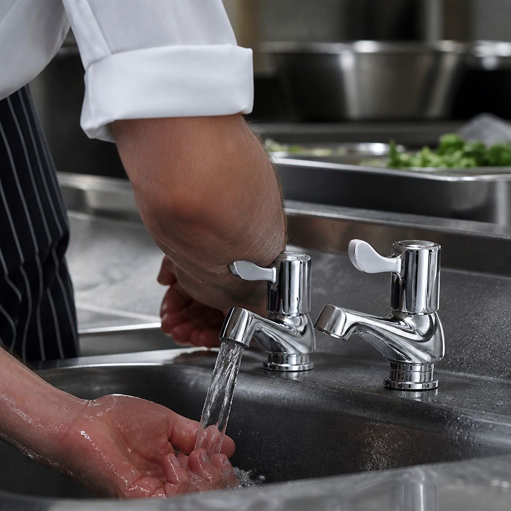 Commercial sink taps with paddle handles in chrome finish