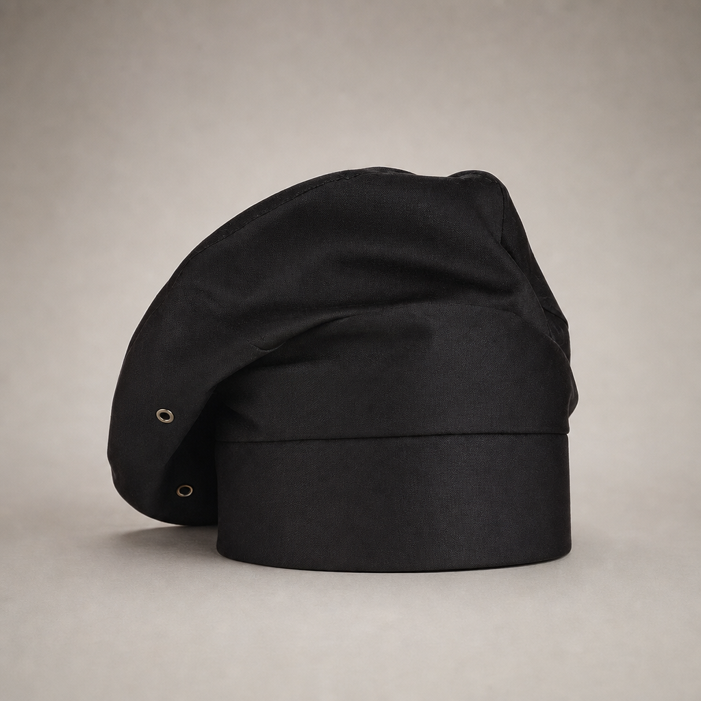 Black adjustable chef toque hat for commercial kitchens