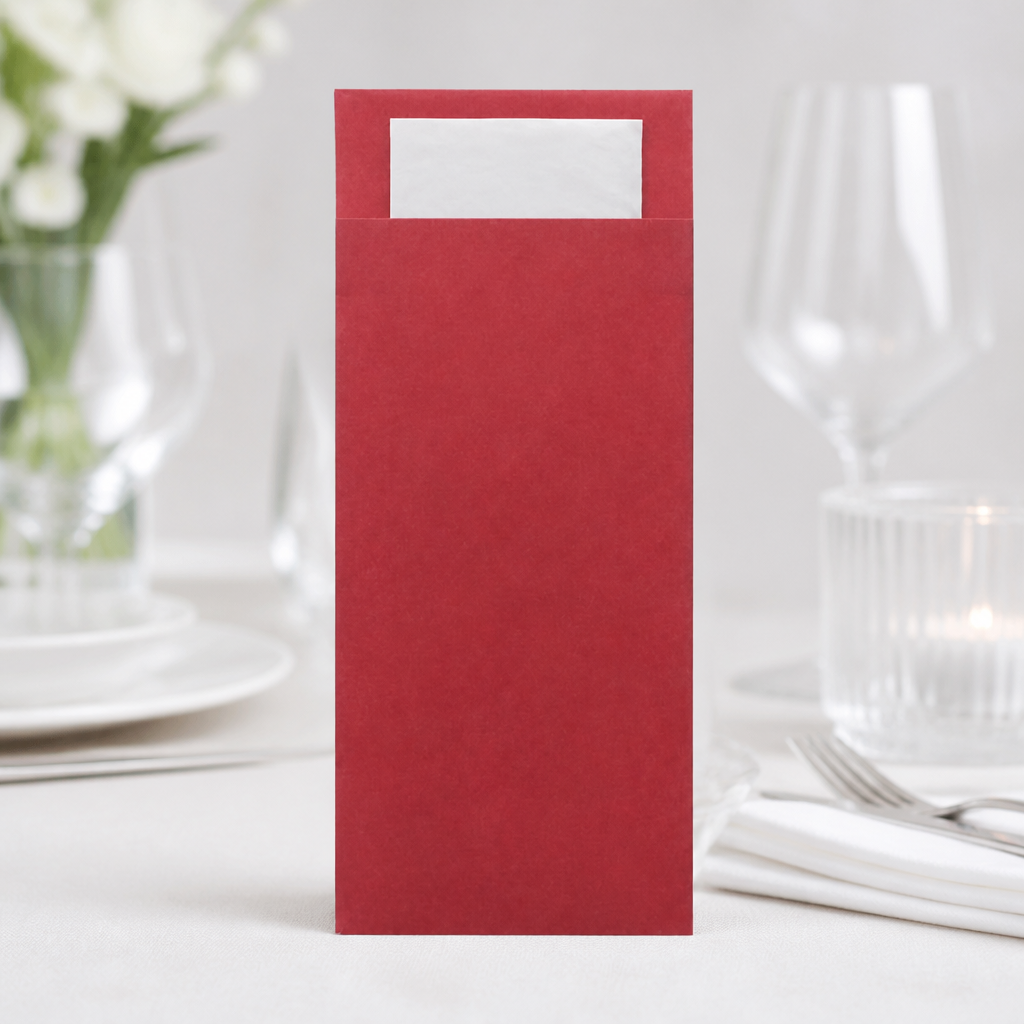 Commercial Cutlery Pouches with Napkin 500 Pack Beet Red