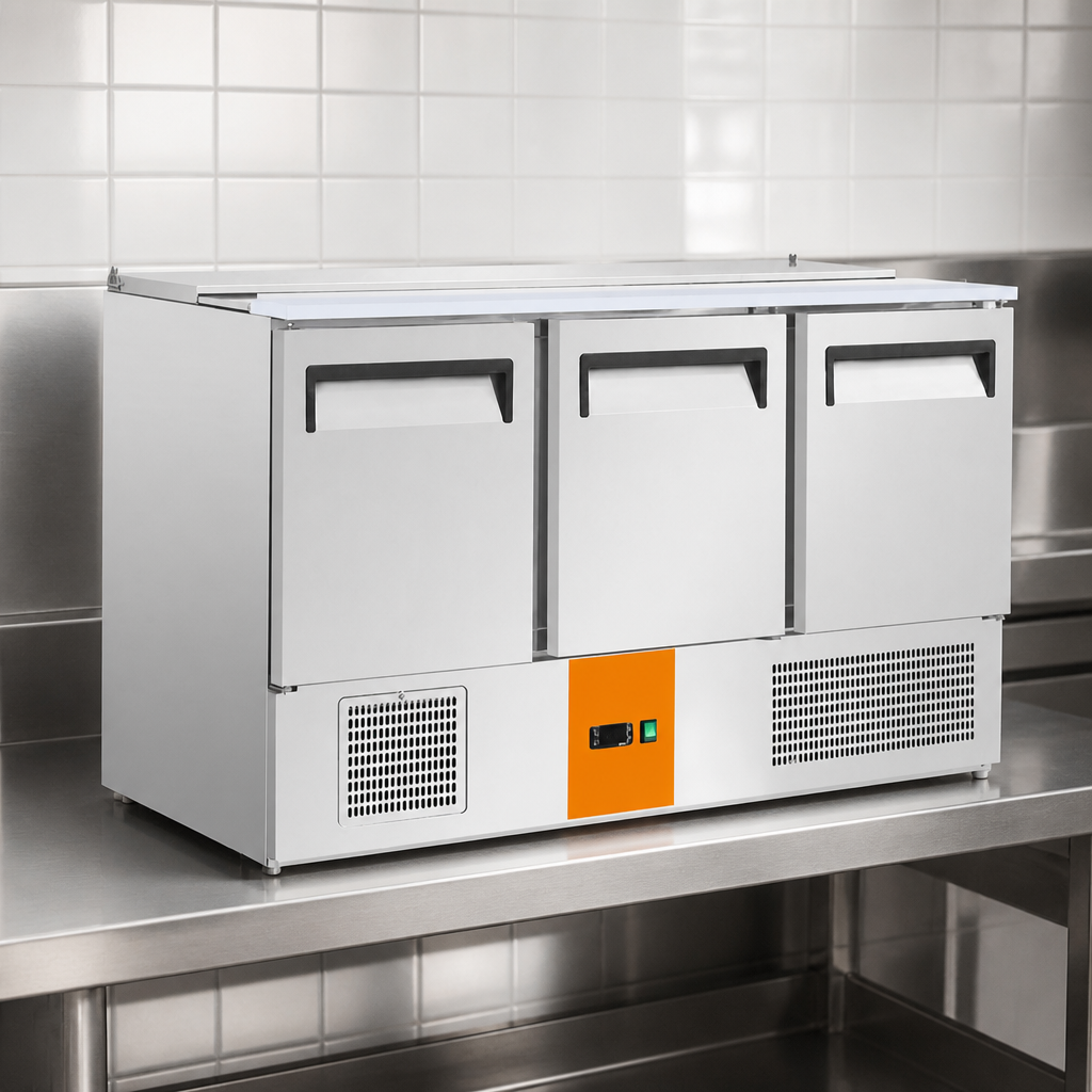 Commercial 3 Door Saladette Counter Fridge 368Ltr