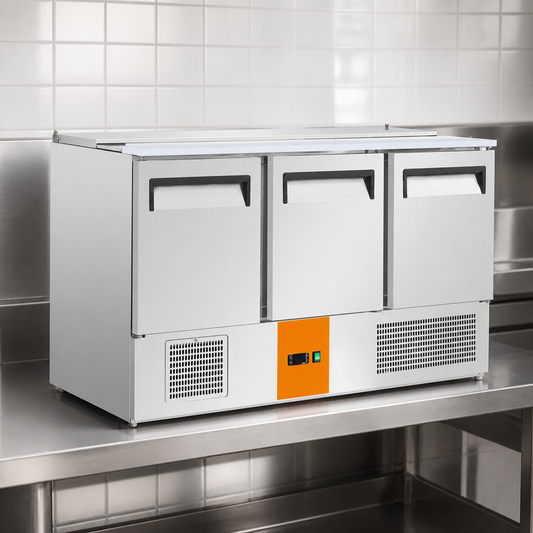 Commercial 3 Door Saladette Counter Fridge 368Ltr Prep Counter