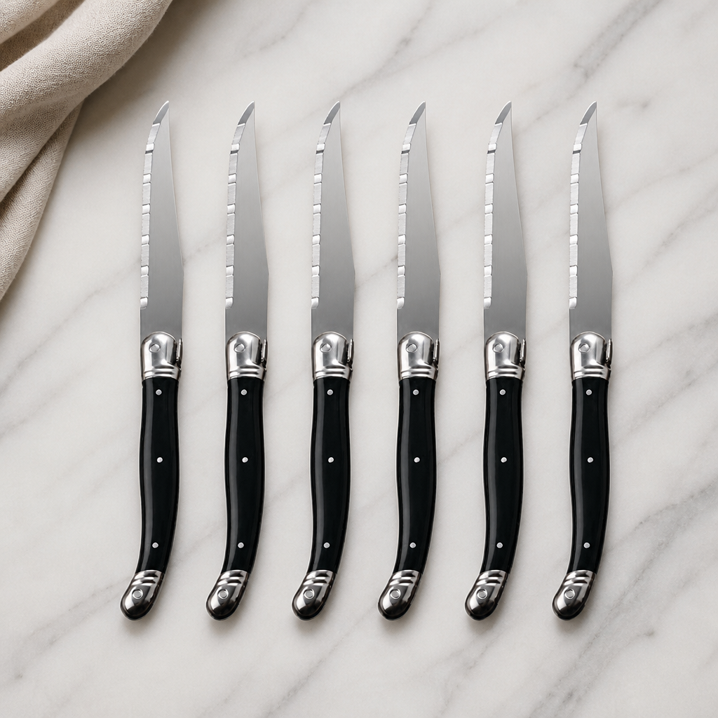 Commercial Serrated Steak Knives Set of 6 Black Handle