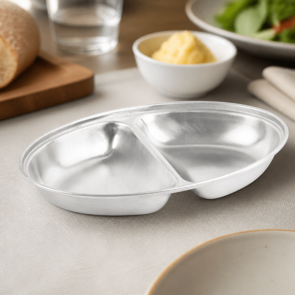 Commercial Oval Vegetable Dish Two Compartments 200mm Stainless Steel