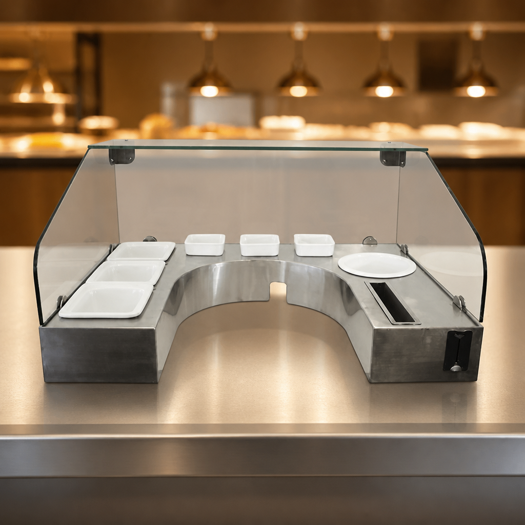 Commercial crepe serving station with ceramic ingredient containers