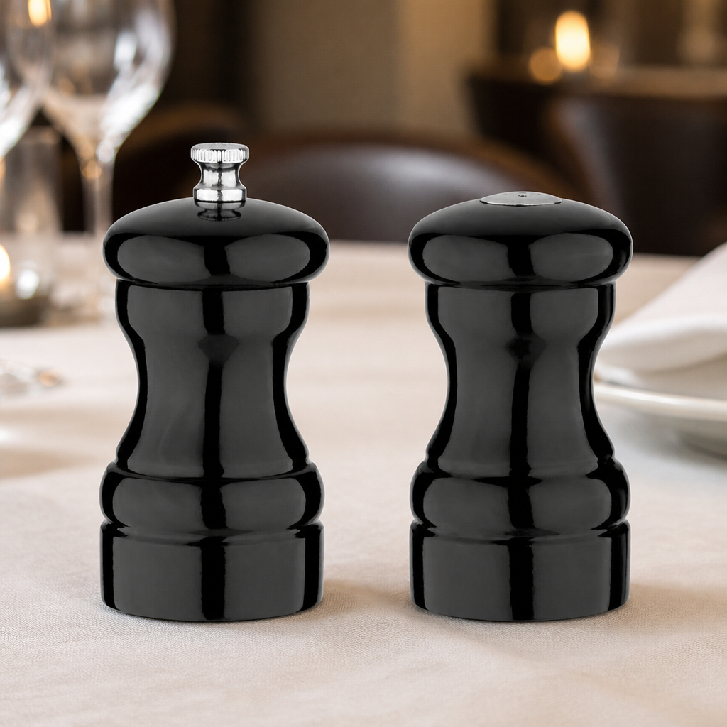 Commercial salt and pepper shaker set with black glossy finish