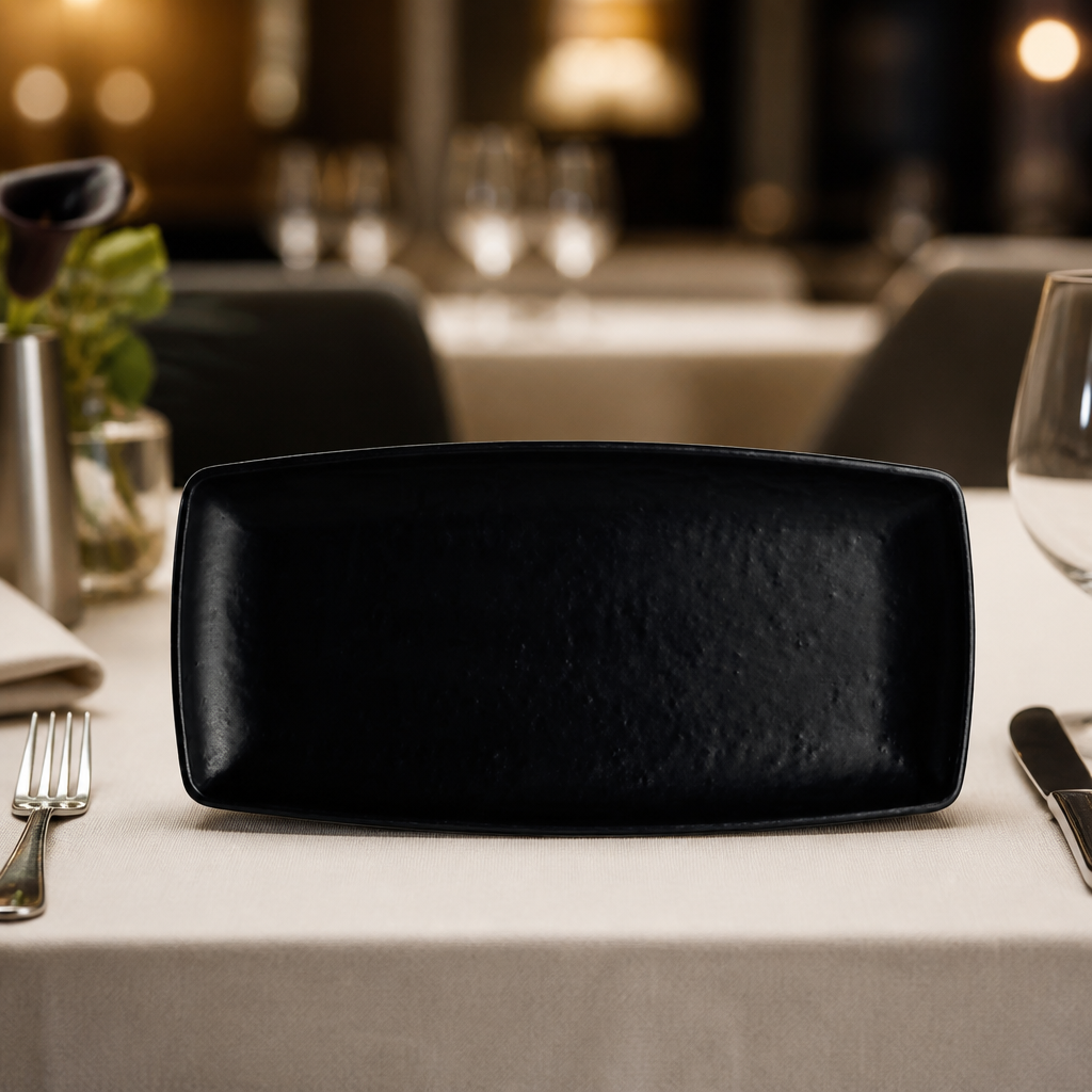 Commercial Melamine Rectangle Plates Black 292x140mm 12 Pack
