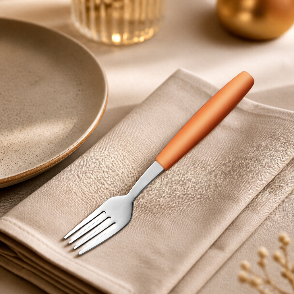 Pack of 12 commercial dessert forks with orange handles