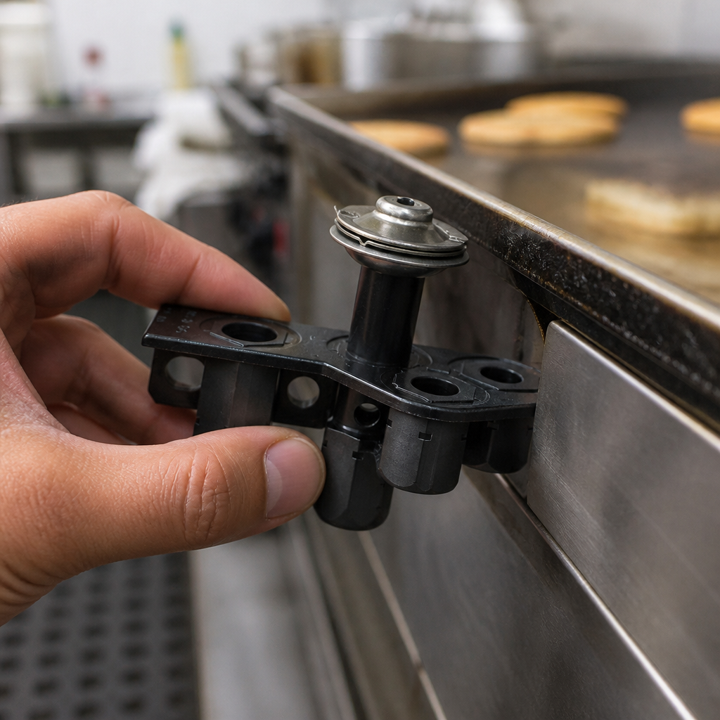 Commercial griddle parts for Pilot model in a kitchen setting.