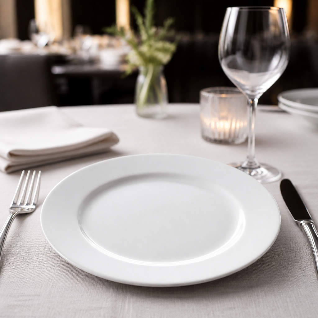 Commercial wide rimmed plates 250mm for starters, 12 pack