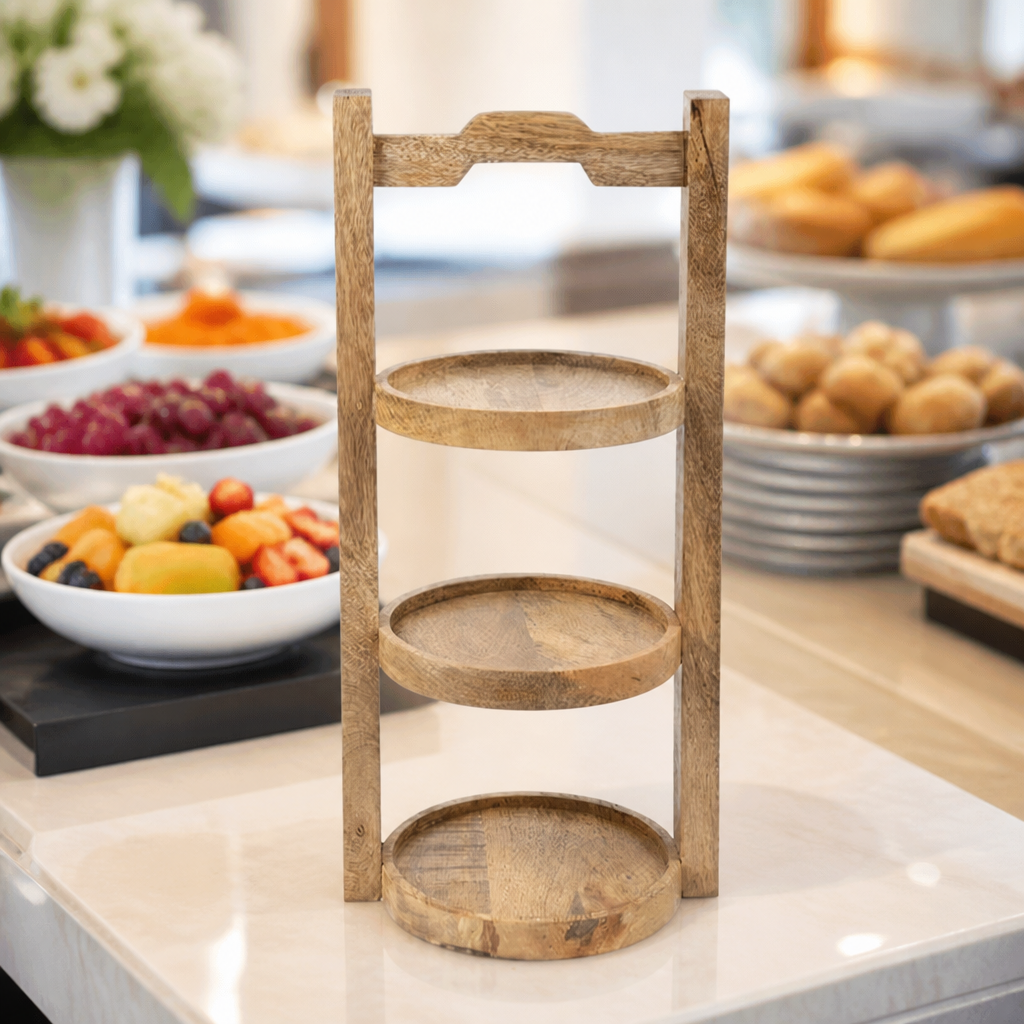 3-Tier Commercial Cake Stand for 150mm Plates in Mango Wood