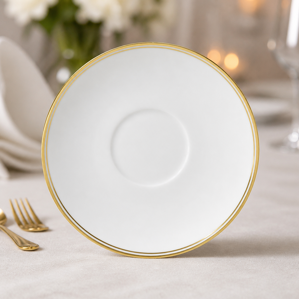 Commercial Bone China Tea Saucers 160mm with Gold Rim