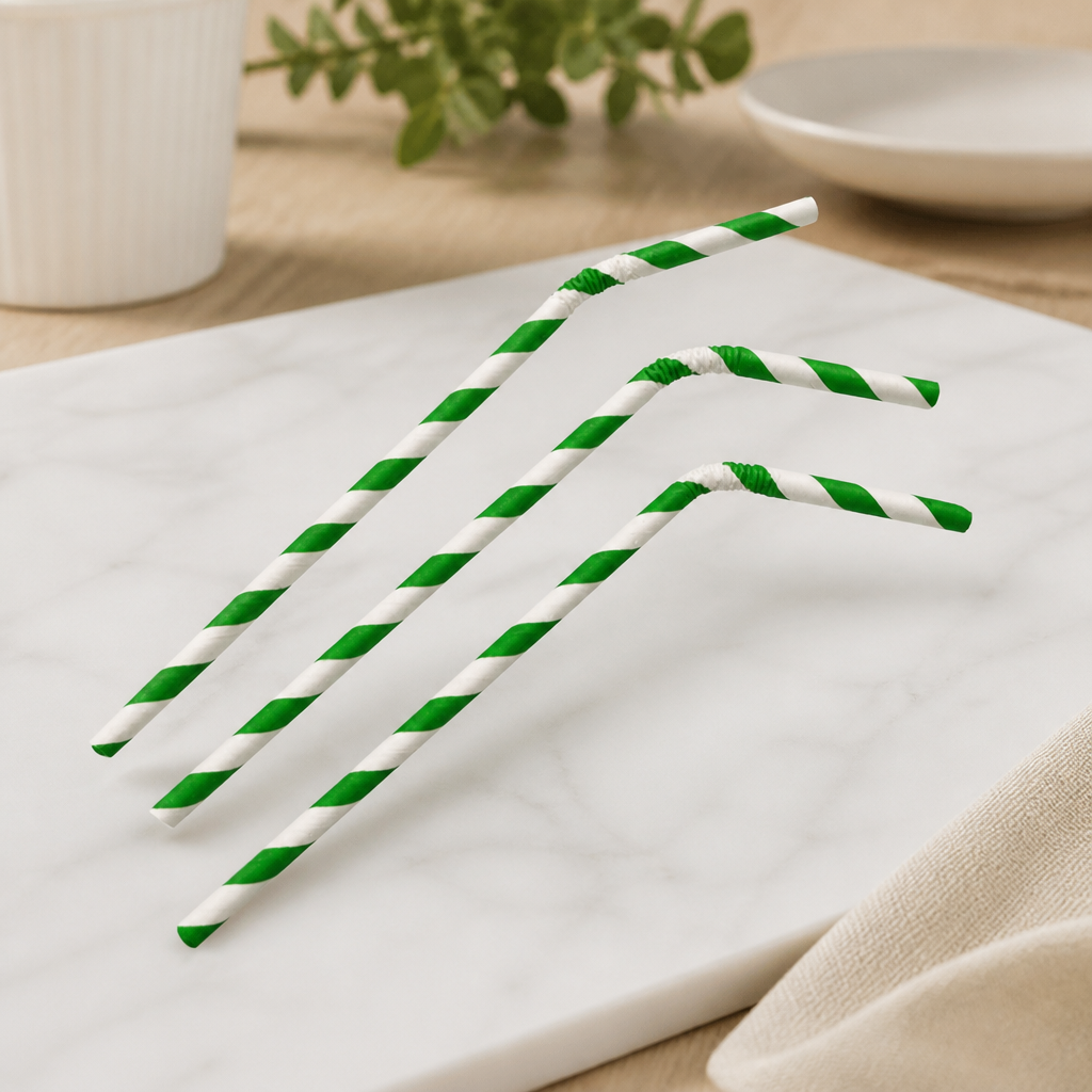 Compostable Bendy Paper Straws Green Stripes 250 Pack Commercial